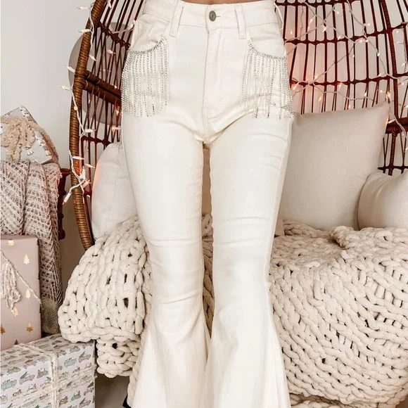 NanaMacs Get Your Groove On Rhinestone Embellished Bell Bottoms (Ivory) - Size L - Picture 2 of 9